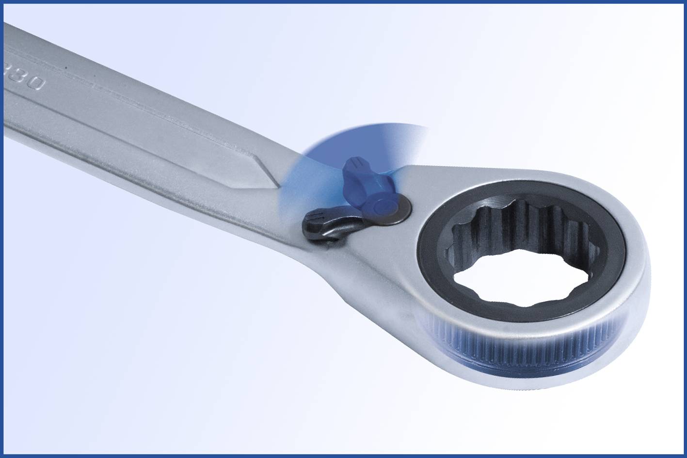 Ratchet spanner with a blue-highlighted mechanism. The background is light blue.