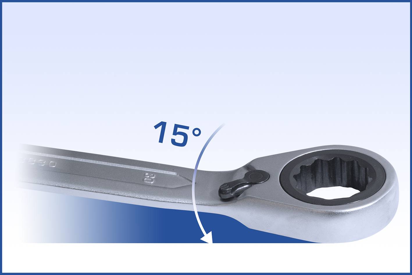 Ratchet with a gear wheel, 15-degree inclination indicated by arrow. Main application: Facilitating rotational movement in confined spaces.
