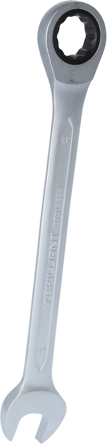 A silver ring spanner with a ratchet function for use in repairing machines or vehicles.
