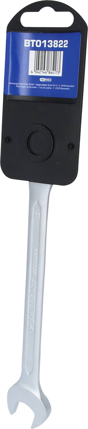 A metal spanner with a black plastic handle. The handle has a blue label with the number 'BT013822' and a barcode.