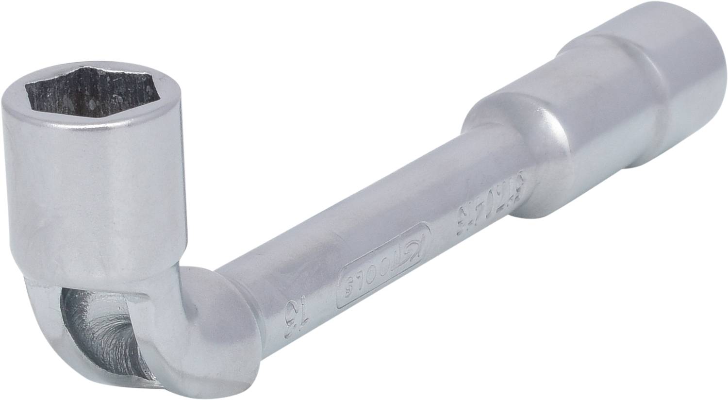 Metal T-bar socket wrench, used for tightening or loosening screws and nuts.