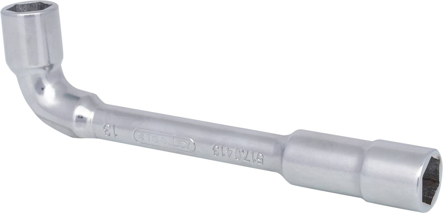 A metal pipe spanner with two hexagonal heads of different sizes for loosening or tightening screws and nuts.