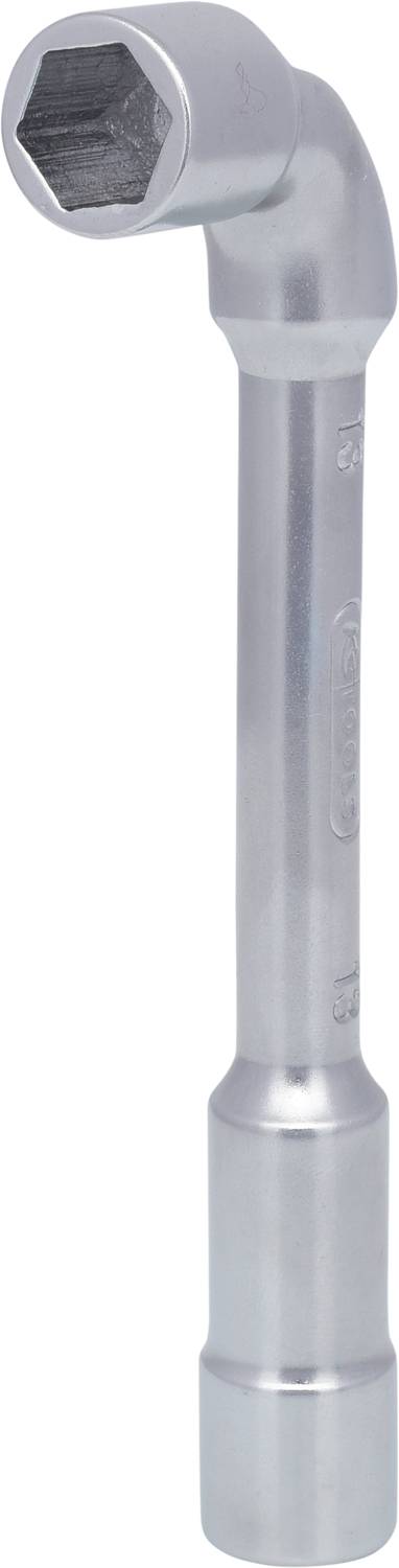 Hexagonal spanner with a metal angled handle, used for tightening or loosening screws.