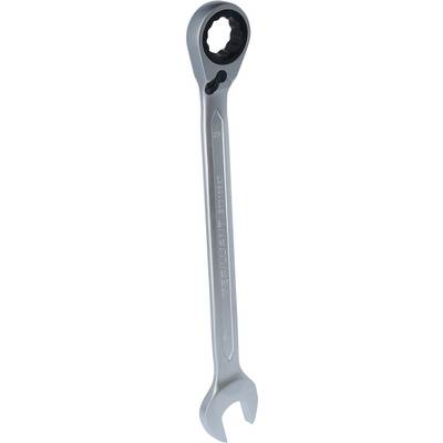 A silver ring spanner with an open jaw on the left side and a ratchet end on the right. Ideal for screw work.