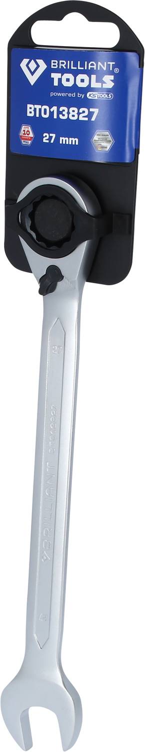 A silver ratchet spanner with a 27 mm head, manufactured by Brilliant Tools, packaged with a black and blue label.
