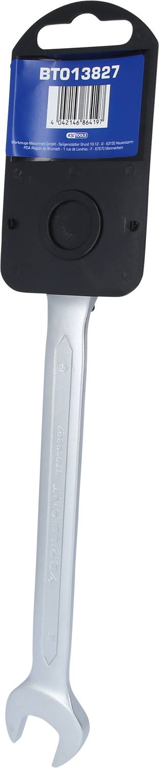 A silver spanner with a plastic holder, featuring a label printed with 'BT013827' and a barcode.