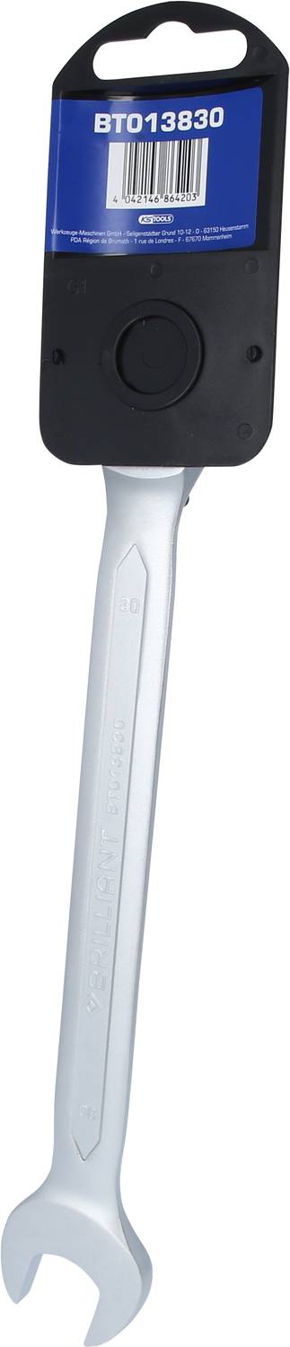 A silver spanner with a black and blue hanger, code 'BT013830'. Tool element for fastening.