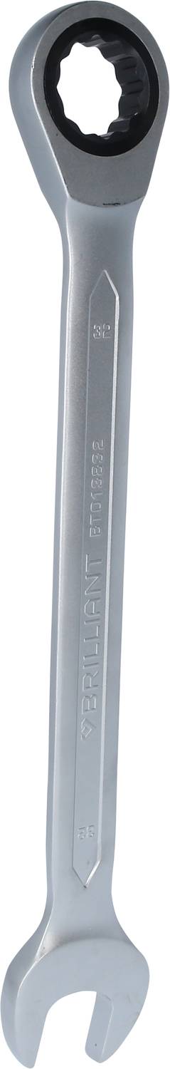 A silver combination spanner with a black ratchet, suitable for working with bolts and nuts.