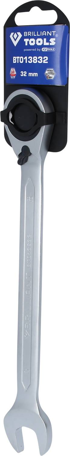 Ratchet combination spanner, 32 mm size, by Brilliant Tools. Silver tool with black ratchet head. Packaging label on top.