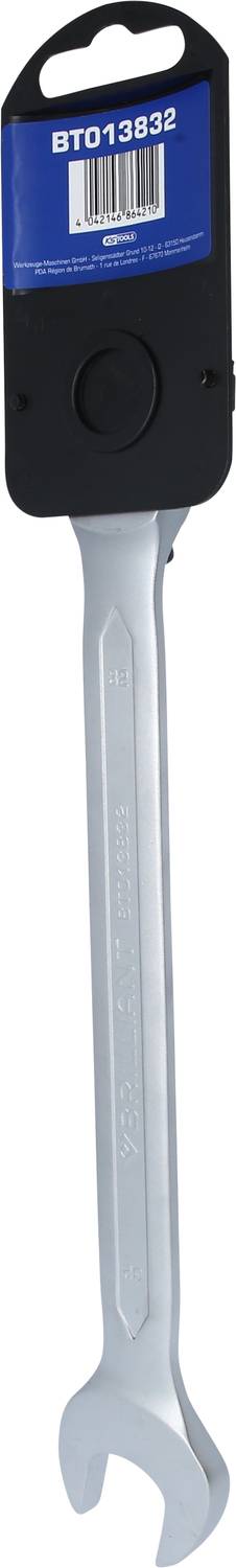 Adjustable spanner with packaging label reading 'BT013832'. The tool has a long, silver handle and an open-ended jaw.