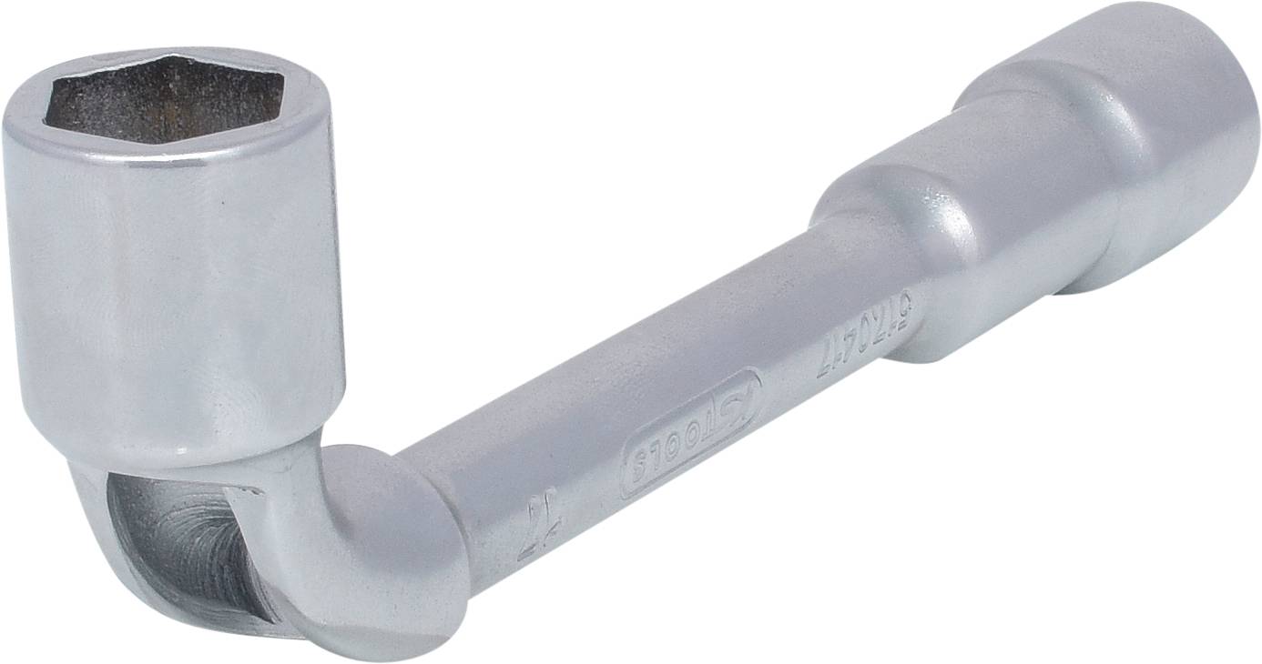 Silver L-shaped wheel nut spanner, for loosening or tightening wheel nuts. Suitable for use in an automotive workshop.