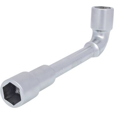 A silver wheel nut spanner with two differently sized ends, used to loosen or tighten wheel nuts.