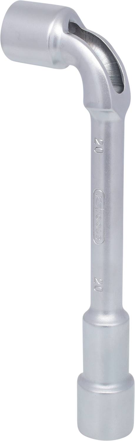 A silver spanner with an angled head and circular opening, suitable for loosening or tightening nuts and bolts.