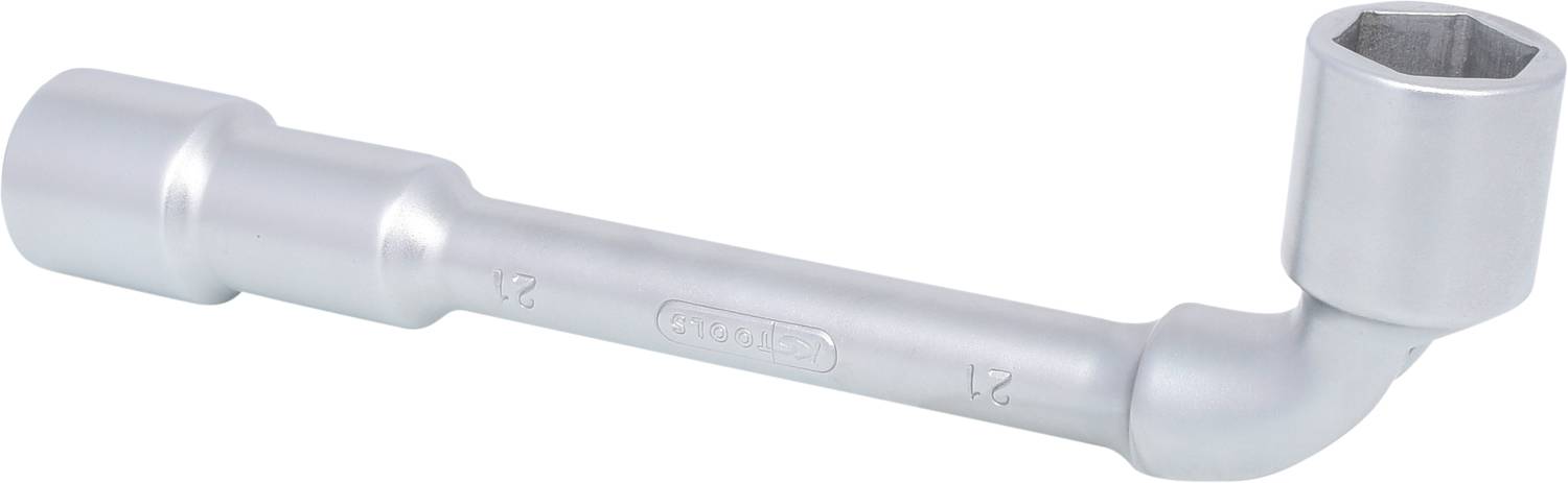 A silver-coloured pipe wrench with a long, curved shape. Suitable for loosening or tightening nuts and bolts.