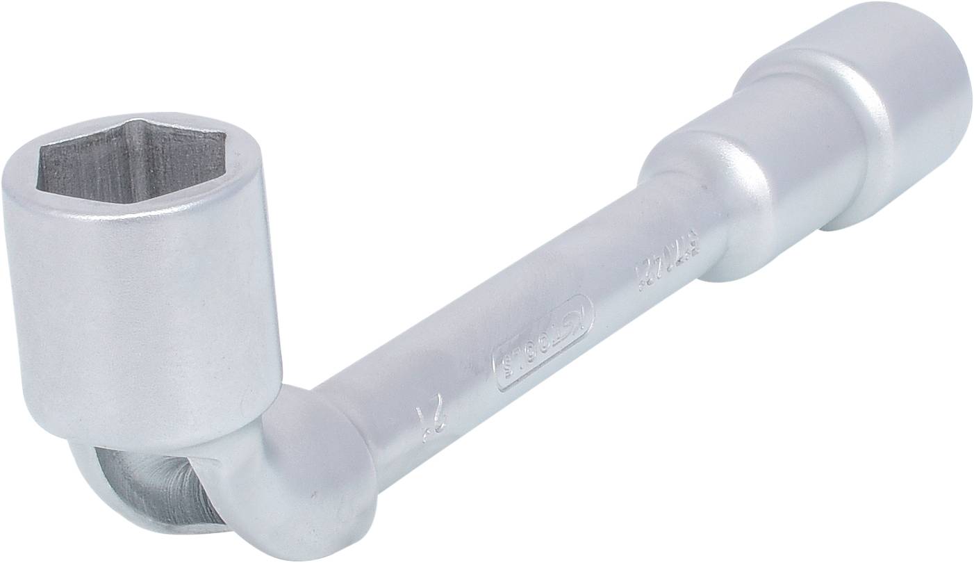 A silver spark plug spanner with a hexagonal opening, suitable for loosening or tightening spark plugs, on a white background.