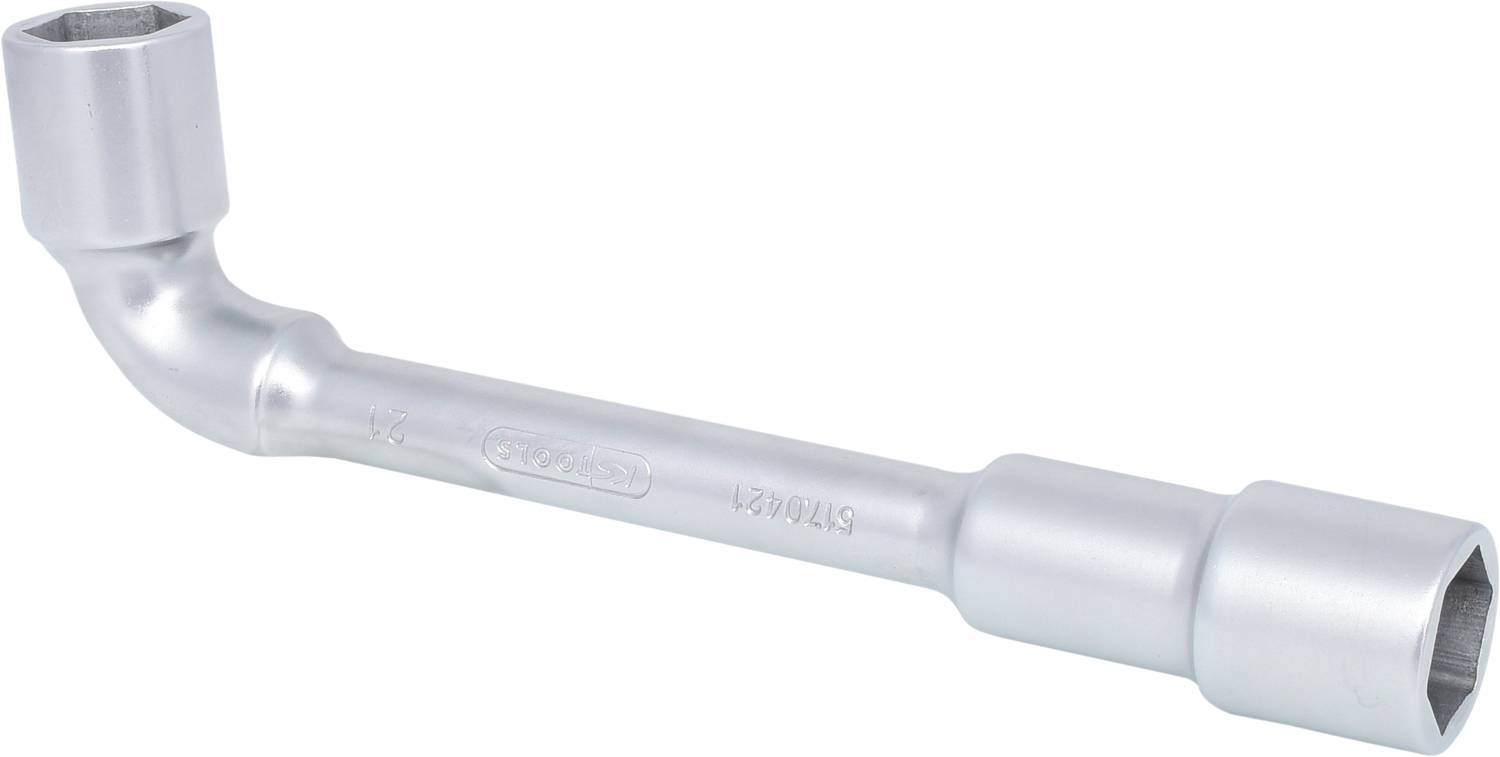 L-shaped metal socket wrench for mechanical applications, with two hexagonal openings at the ends, on a white background.