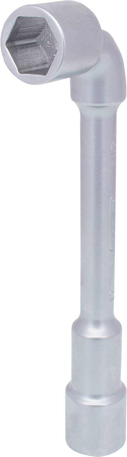 A silver Allen key, also known as a hex key, with a long shaft and hexagonal head for nuts.