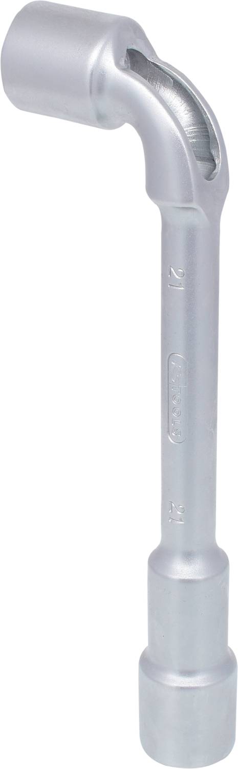 Metal wheel brace, L-shaped with two differently sized socket ends, used for loosening or tightening wheel nuts.