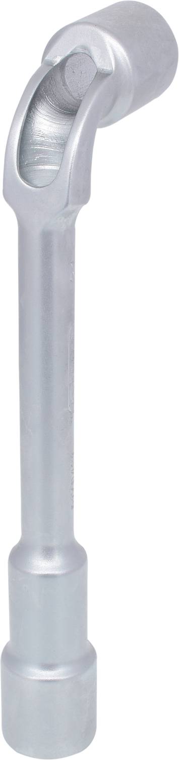 A silver metal wheel brace for removing wheel nuts, used as a lever tool in vehicle repairs.