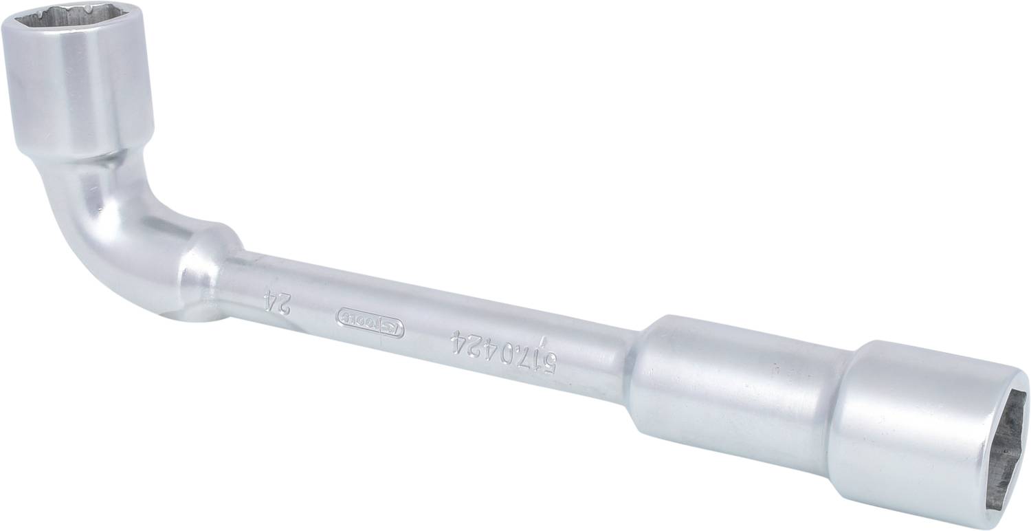 A silver hexagonal Allen key in an L-shape, used for tightening or loosening screws.