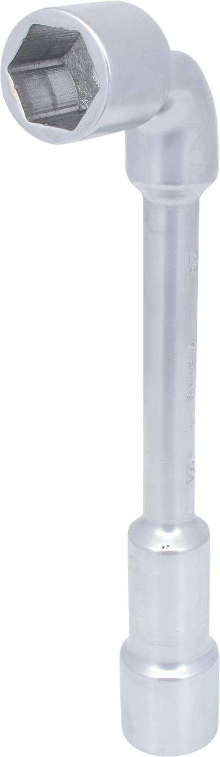 A metal L-shaped socket wrench. The long handle ends in a hexagonal socket attachment for screws or nuts.