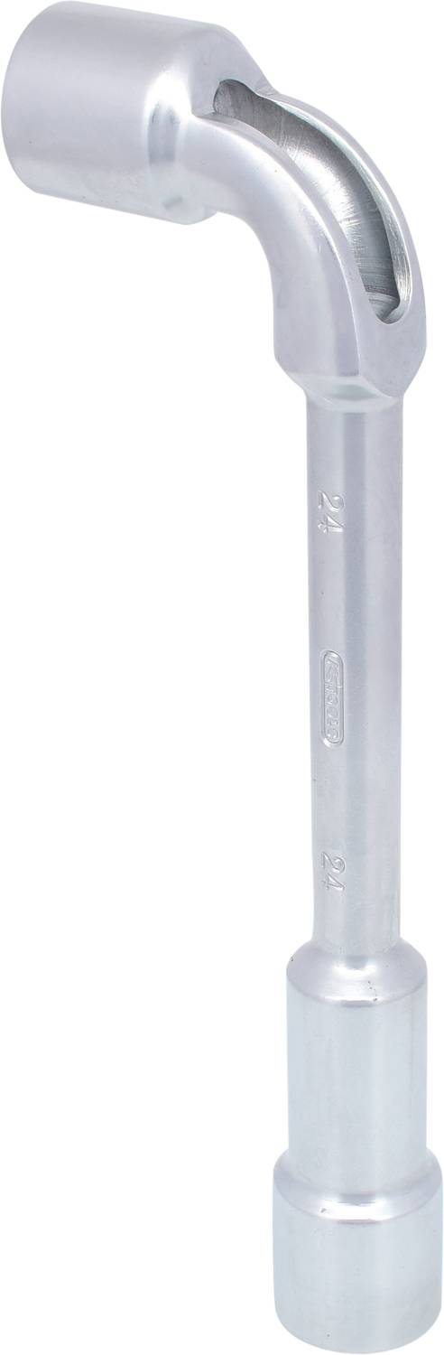 Metal spanner with an angled handle and a round, open end, suitable for various screw-related tasks in workshops.