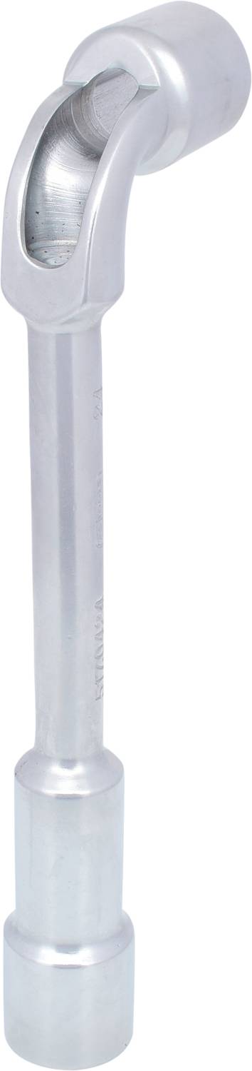 A silver-coloured torque wrench, angled with a curved design, featuring a round handle and an open end for securing bolts.