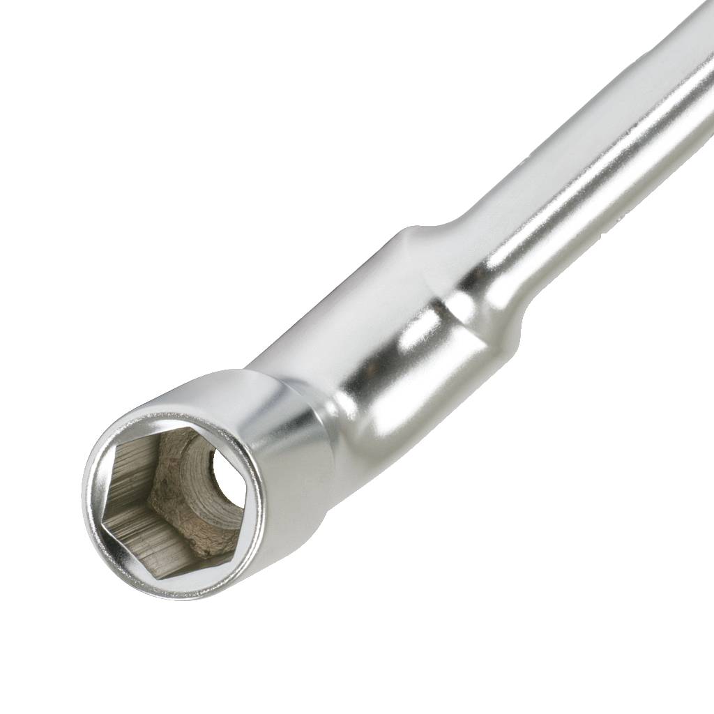 A silver-coloured hexagonal socket spanner used for loosening or tightening nuts and bolts.