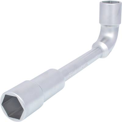 A silver-coloured Allen key with hexagonal openings of different sizes at both ends. A tool for tightening nuts.