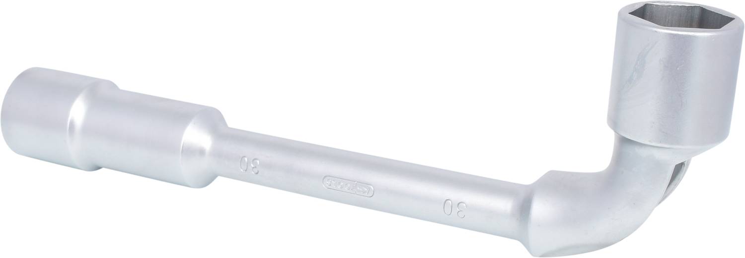 A silver spanner with a bent end, suitable for loosening screws.