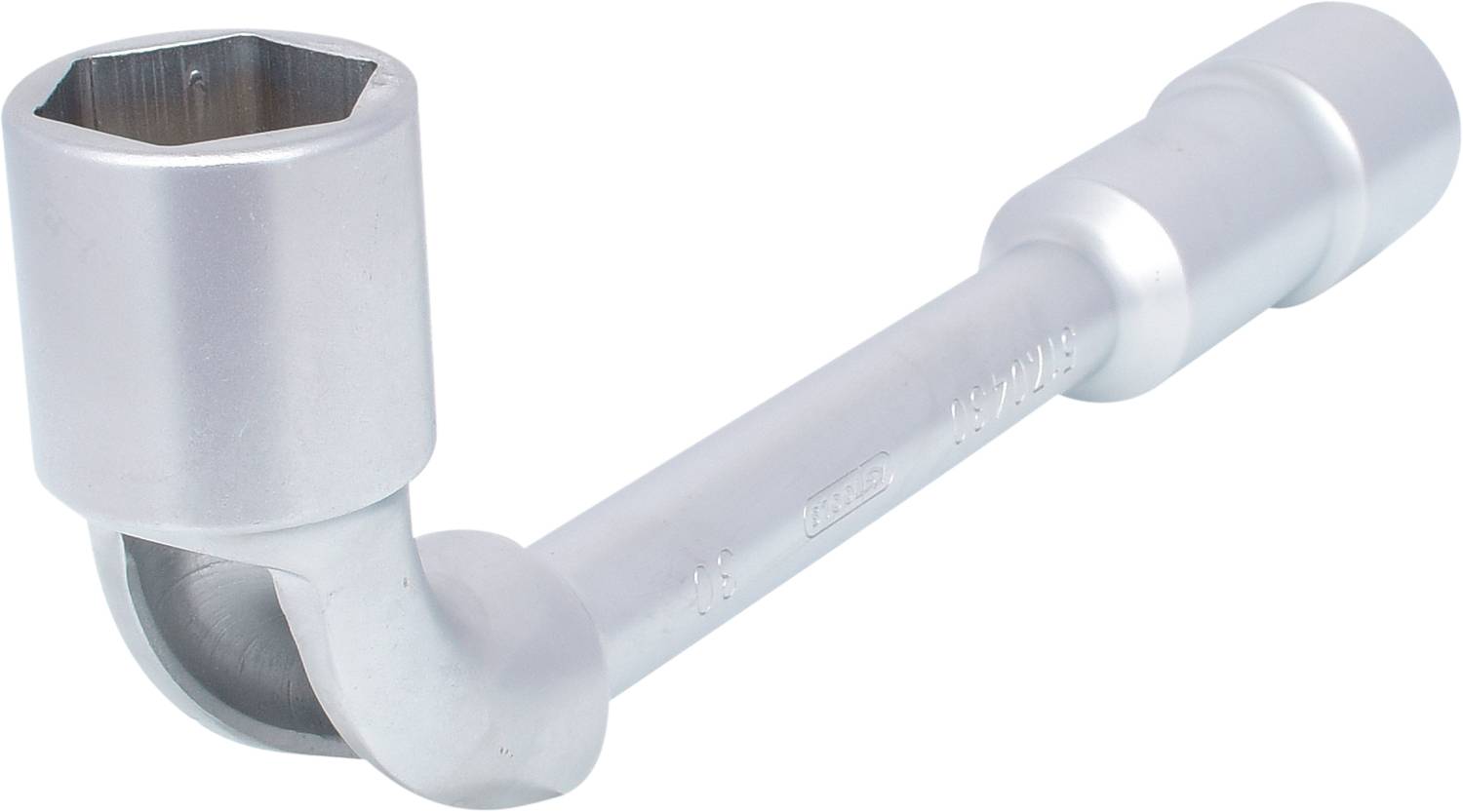A silver Allen key with a hexagonal opening for use on hard-to-reach nuts or bolts.