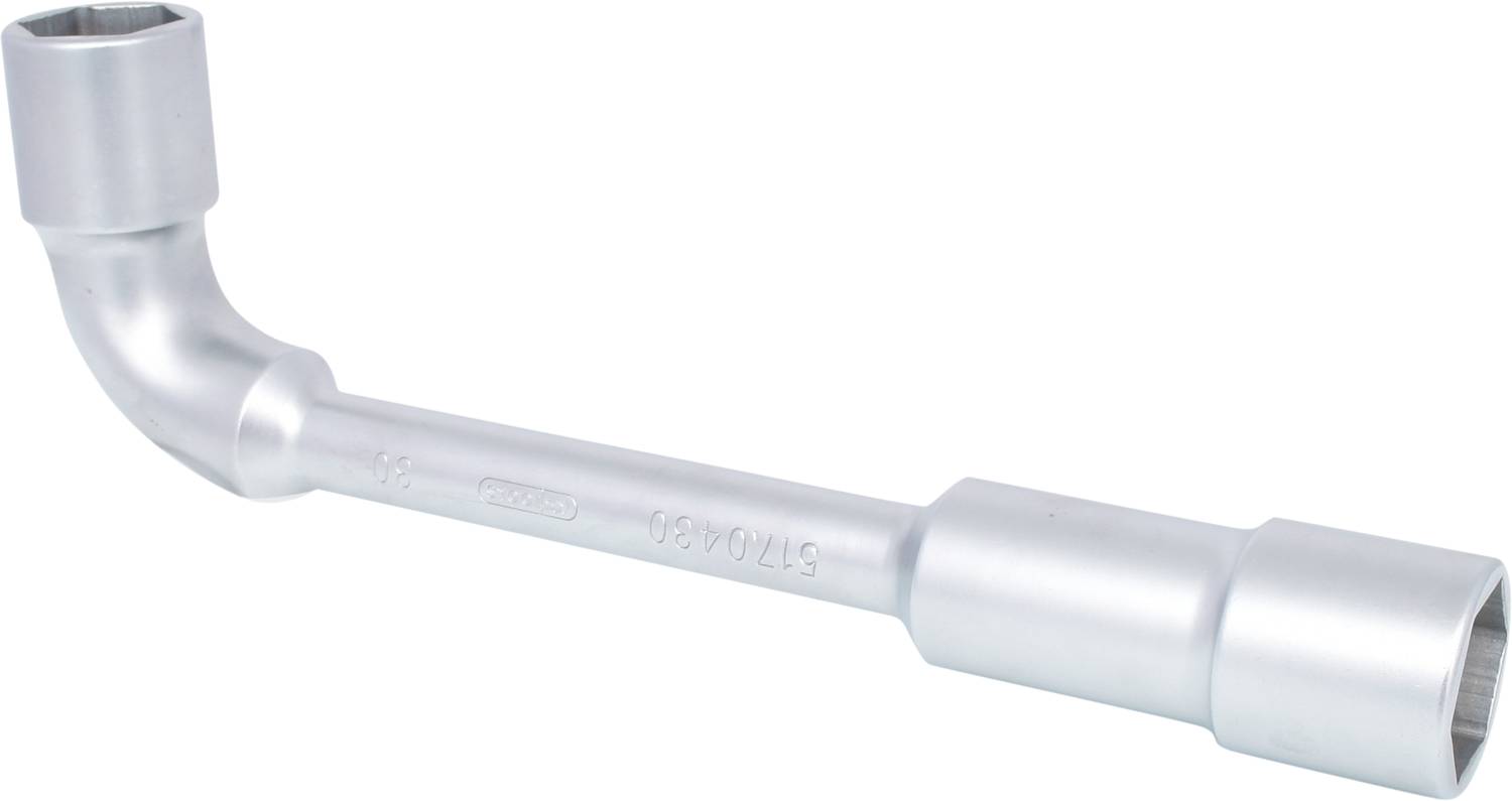 Metal L-shaped spanner used for tightening or loosening nuts and bolts.