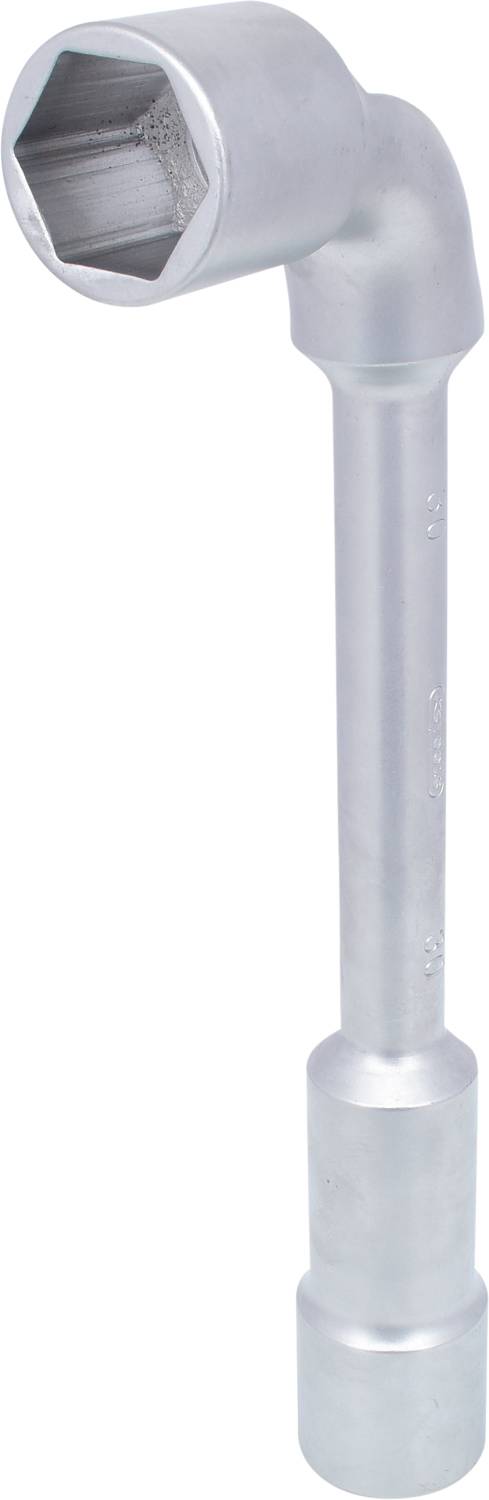 A chrome-plated L-shaped spanner with a hexagonal head, used for tightening or loosening bolts and nuts.