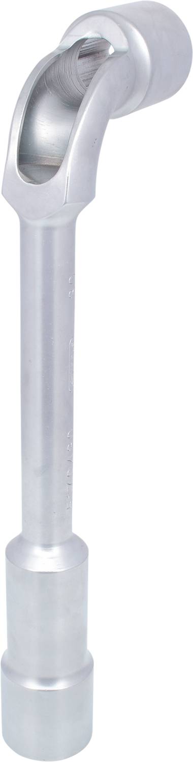 Silver metal angle bracket with a round head and a hollow, curved handle. Workpiece for mechanical application or connection.