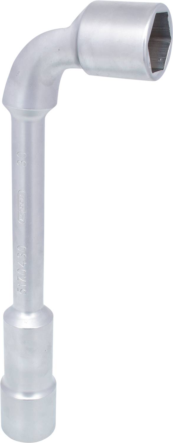 A silver-coloured, L-shaped metal Allen key used for loosening and tightening nuts and bolts.