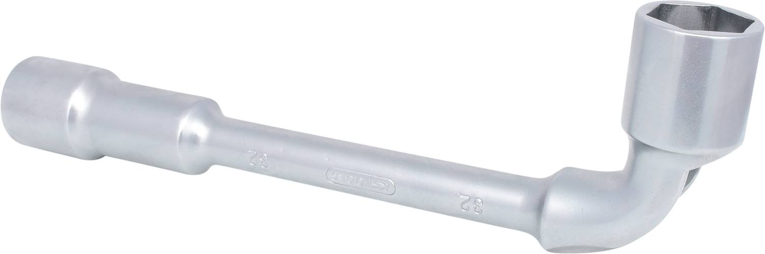 A chrome-plated wheel nut spanner with an angled design, used for loosening or tightening wheel nuts on vehicles.