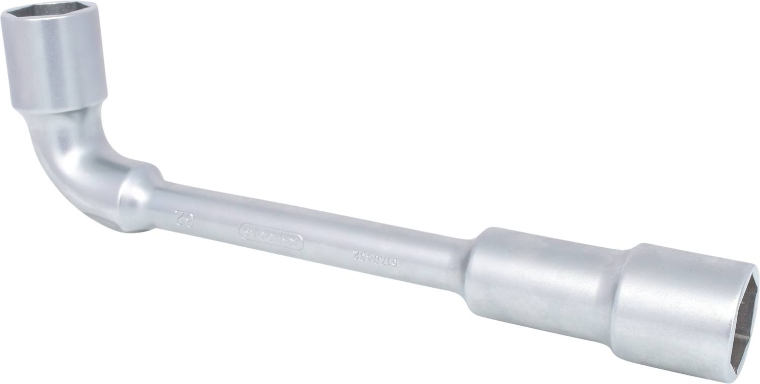 An L-shaped metal spanner with two socket ends, used for loosening or tightening screws and nuts.