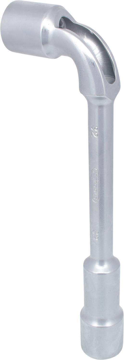 A silver wheel nut spanner with an angled head, used for loosening or tightening wheel nuts.