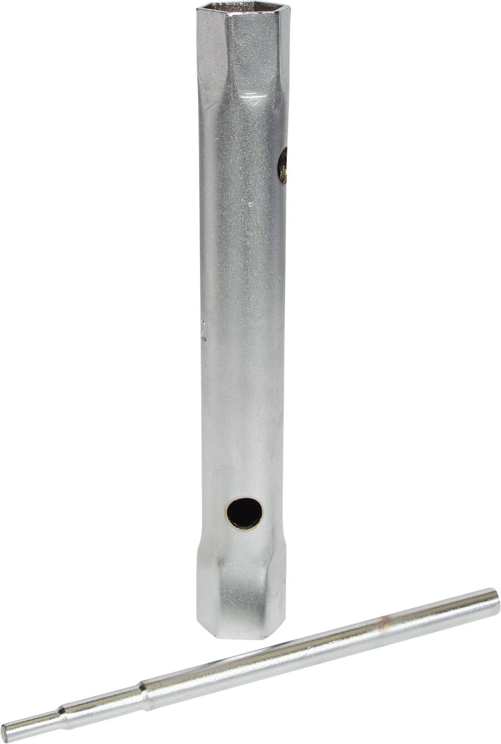 A silver pipe tool and a narrow rod lie on a white background.