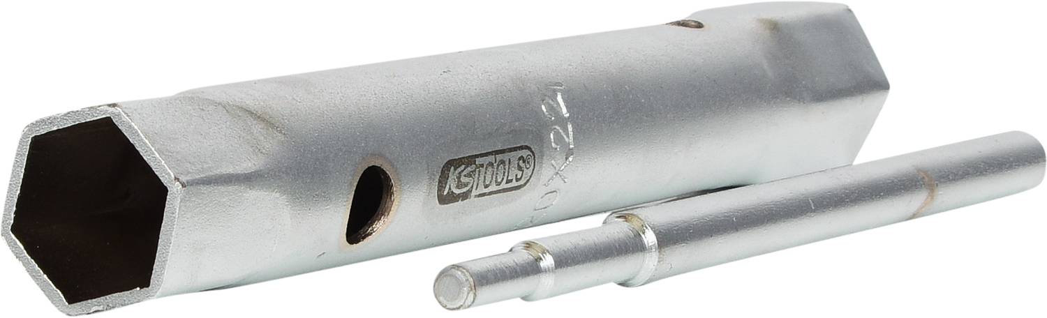 A silver spark plug spanner and extension bar, used for removing spark plugs from an engine.