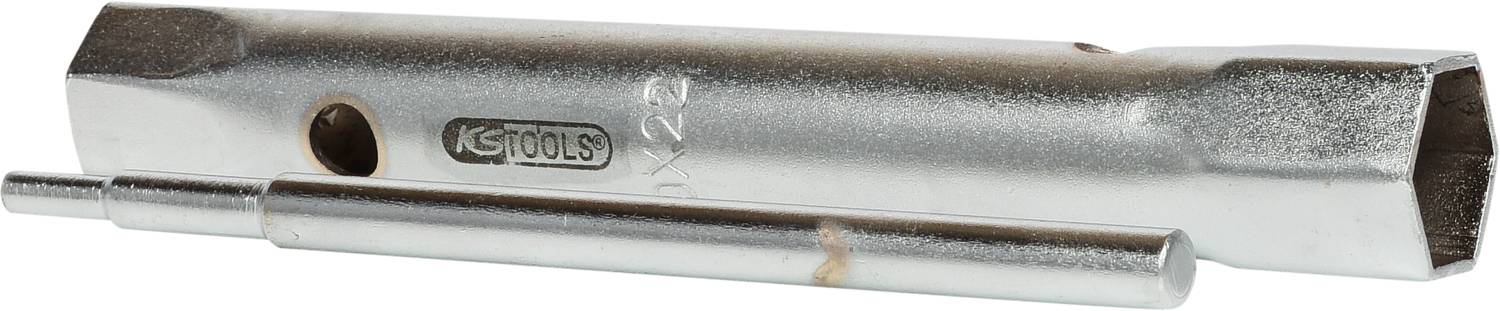 A silver spark plug spanner by KS Tools with a handle for grip and a hole for additional leverage.