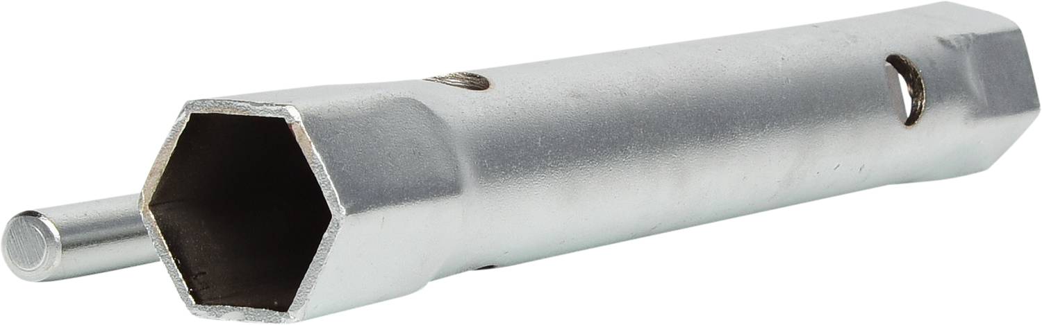 A silver hexagonal Allen key with a long handle, used for tightening or loosening screws or nuts.