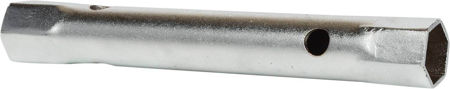 A silver-coloured spanner with a hole in the middle. The ends are differently shaped to grip various nuts.