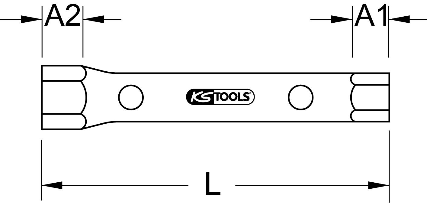 'Diagram of a KS Tools socket extension, length marked as L, with ends A1 and A2. Circular recesses in the middle.'