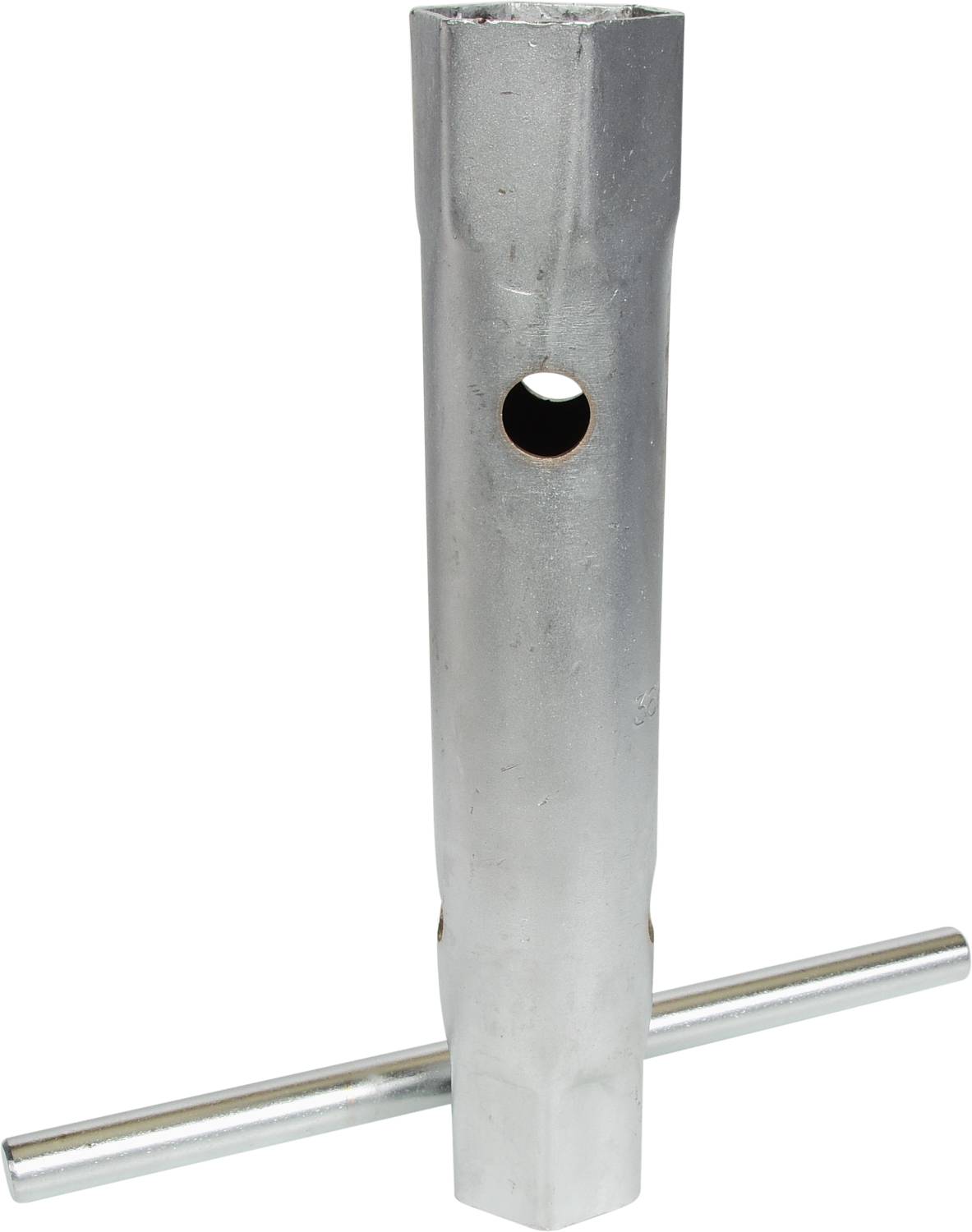 Silver T-shaped key with a round handle, presumably a tool, possibly suitable for working with pipes or valves.