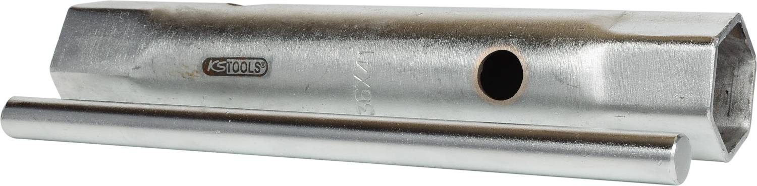 A hexagonal socket spanner with a side hole and matching metal rod for tightening or loosening nuts or bolts.