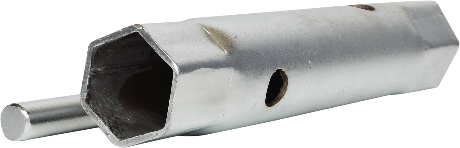 A silver hexagonal key tool with two holes, primarily used for tightening or loosening nuts.