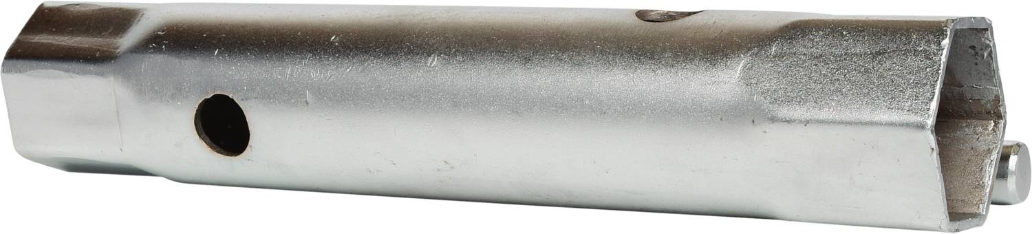 Metal key with a hexagonal shape and a hole in the centre; used for tightening or loosening nuts and bolts.