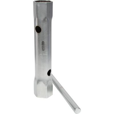 Metal spanner with a slender, cylindrical form and multiple holes. A removable lever is positioned beside it.