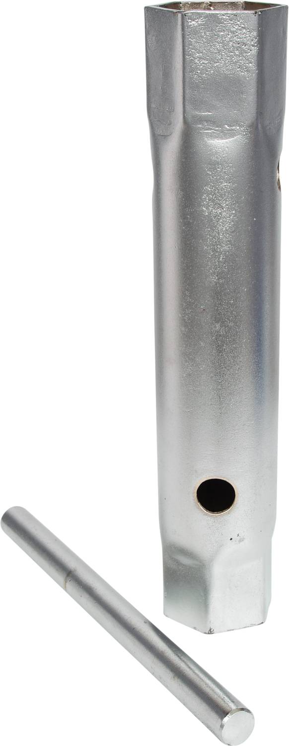 A silver spark plug spanner with a separate metal rod that serves as a lever to install or remove spark plugs.